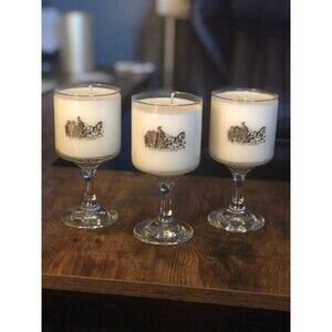Set of 3 Vintage Fireman glass goblet soy wax candle/ Crackling Firewood 6oz